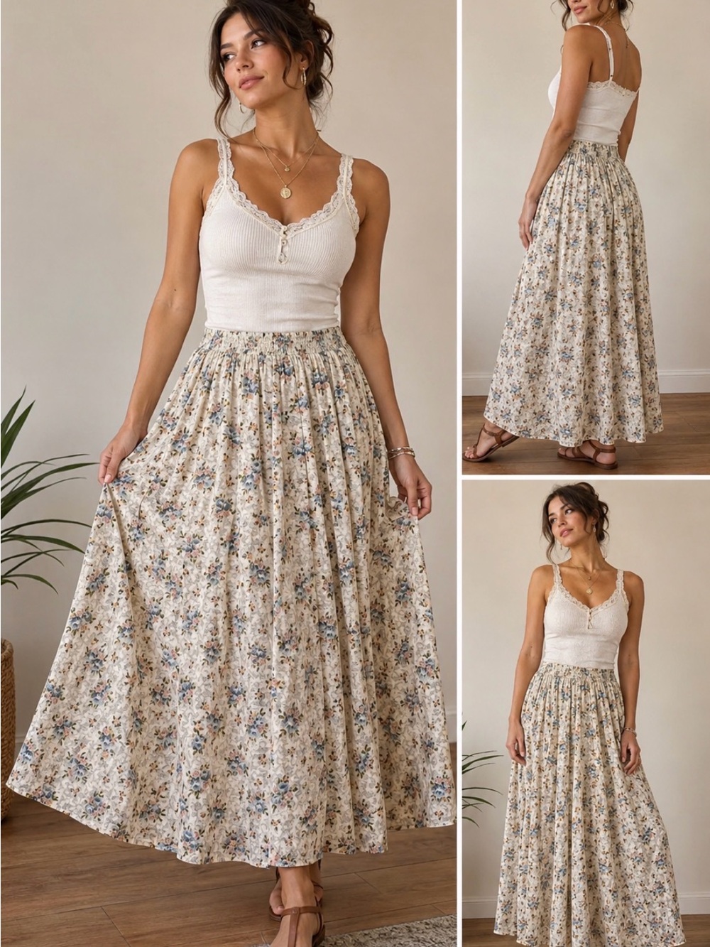 Vintage 1990 Cream Floral Maxi Skirt for Women - Boho Gathered Waist